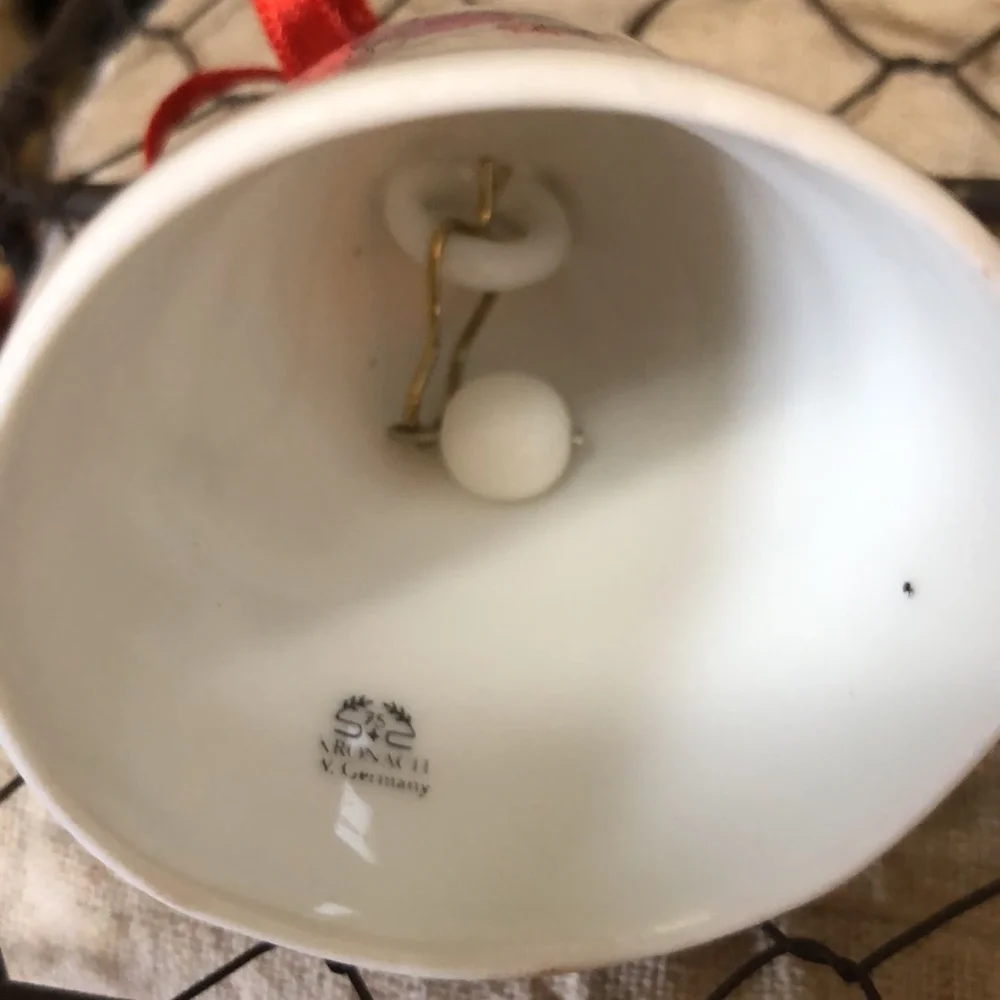 German Kronach (West Germany) Porcelain Pink Floral & Bird Bell w 22K Gold...